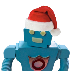A picture of a robot in a Santa hat