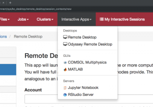 Image showing VDI/OOD graphical environment Interactive Apps dropdown