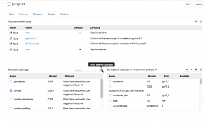 Image showing where to click to install pandas in Jupyter/Conda environment in graphical environment.