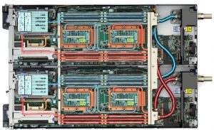 Lenovo SD650 top view showing the water cooling tubes and blocks inside which are served by a disconnect inlet and outlet at rear.